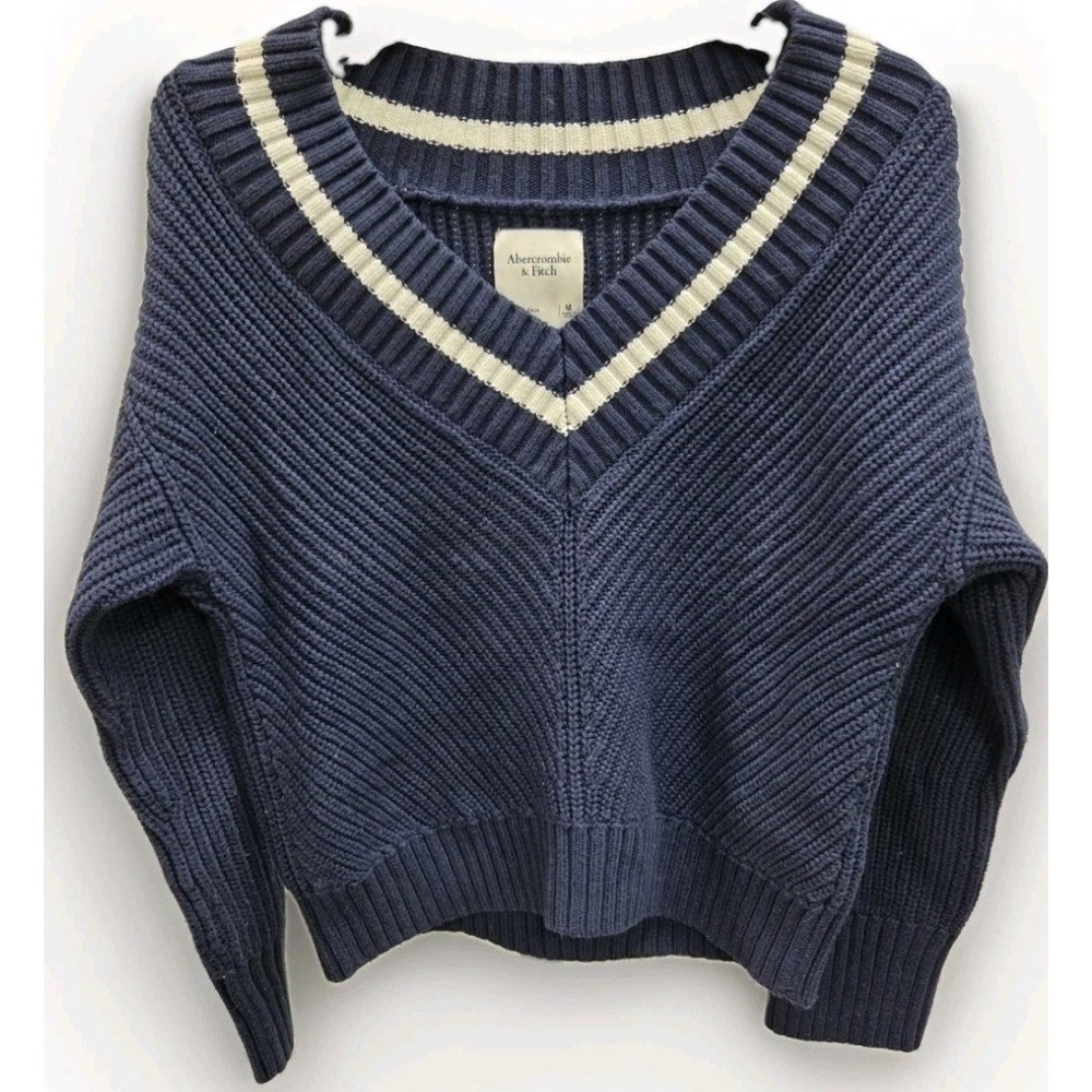 Abercrombie & Fitch Navy Blue V-Neck Striped Ribbed Knit Sweater Medium